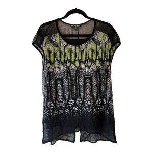 Piccadilly Women’s Abstract Patterned Cap Sleeve Mesh Shoulder Blouse - Small